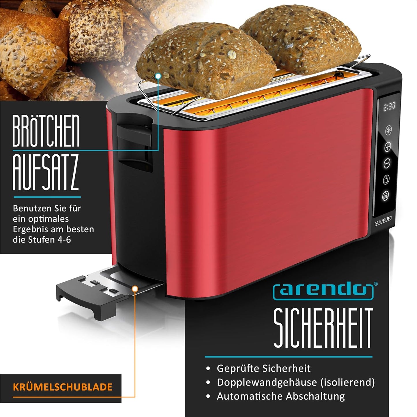 Langschlitztoaster mit integriertem Brötchenaufsatz, D: Rot