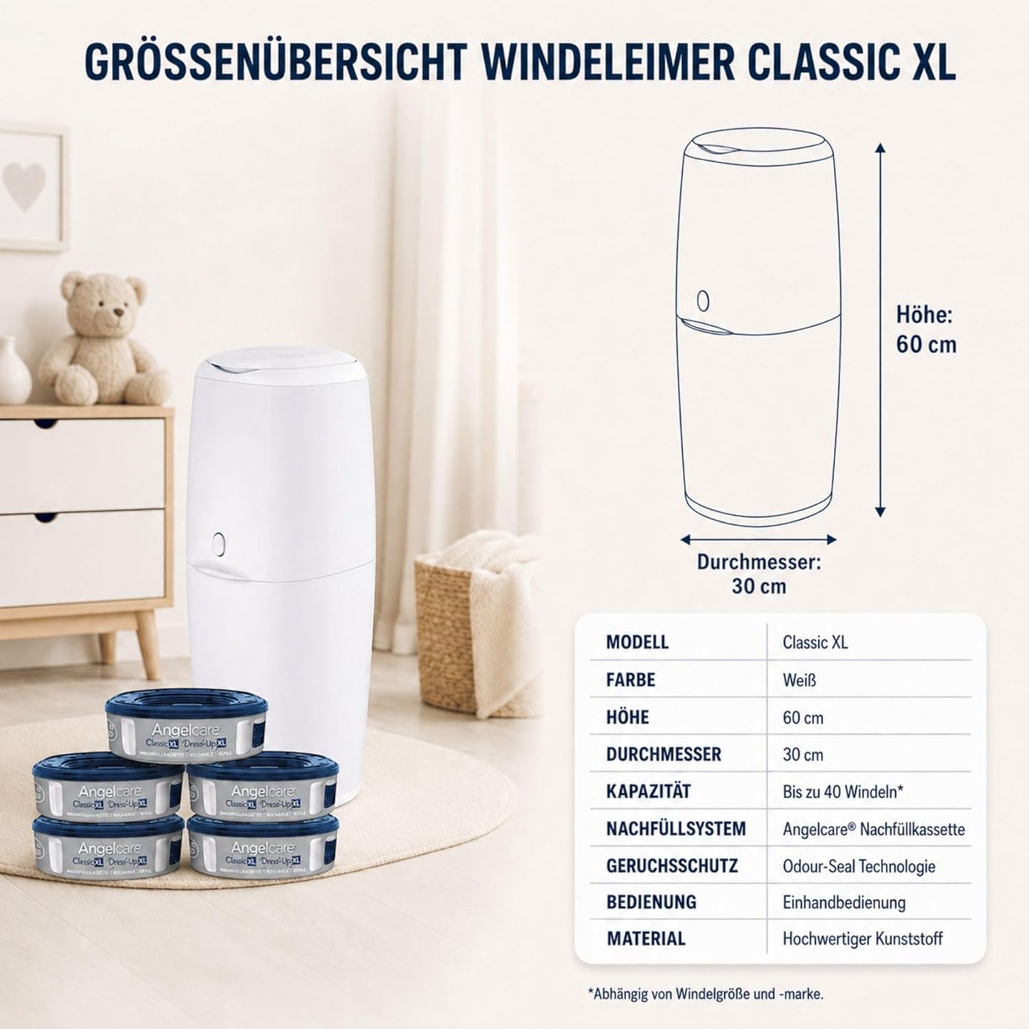 Windeleimer Classic XL mit 5 Nachfüllkassetten, 6-teiliges Set