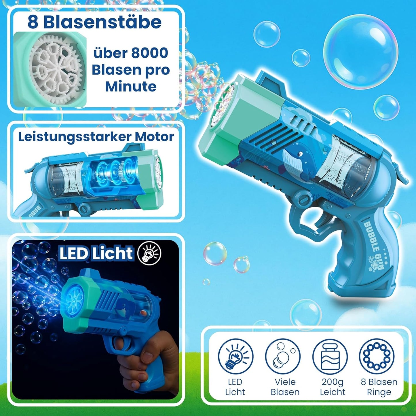 Seifenblasenpistole mit LED und Seifenflüssigkeit, Ozeanblau