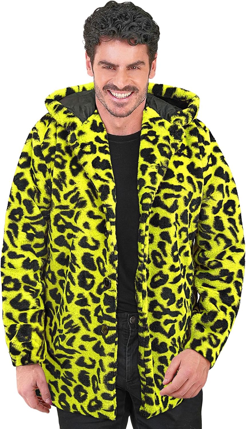 Neon Gelber Animalier Leopardenmuster Plüschmantel mit Kapuze, XXL Neon-gelb