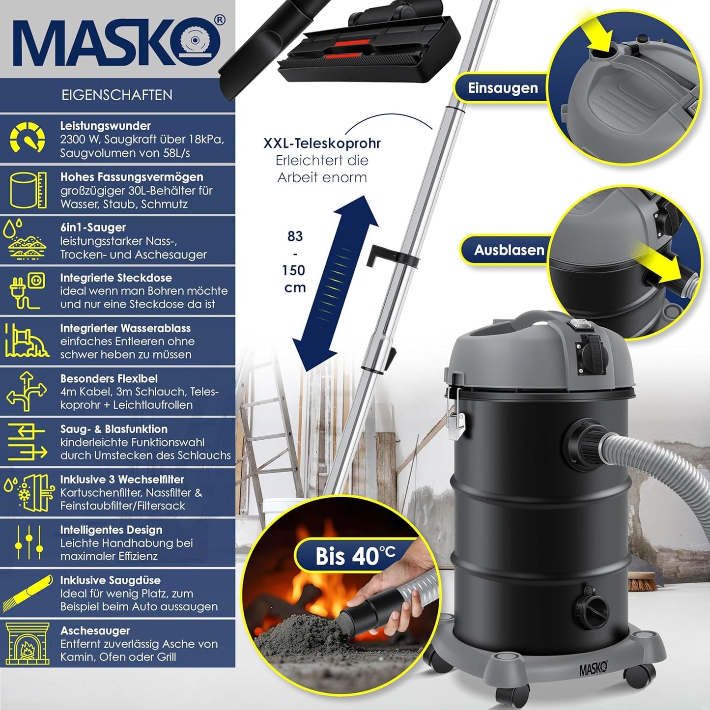 Industrie-Staubsauger mit Blasfunktion, Grau