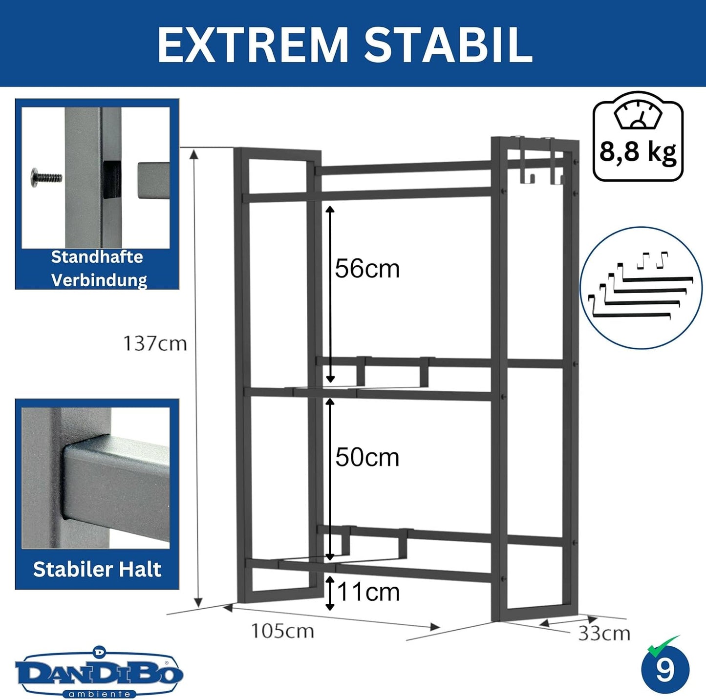 Getränkekistenregal für 9 Kisten, 9 Kisten Breite 105 cm / Hoch 137 cm