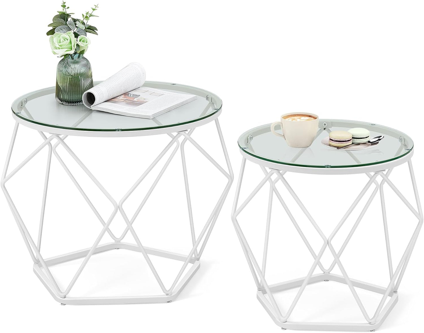 2er-Set Runder Couchtisch mit abnehmbarer Tischplatte, Transparent + Wolkenweiss
