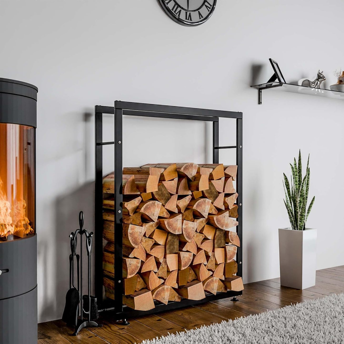 Kaminholzregal Keri V2 mit Bodenschonern, 25x80x125 cm, Schwarz