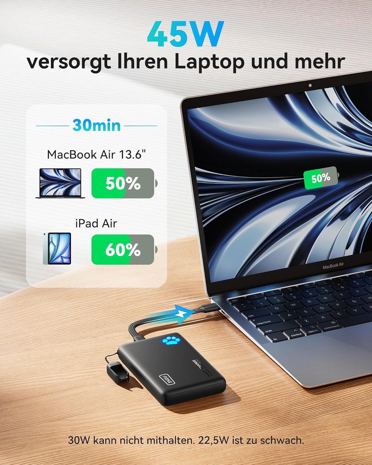 Powerbank 10000mAh mit USB-C & Taschenlampe, Mini Grösse Schwarz