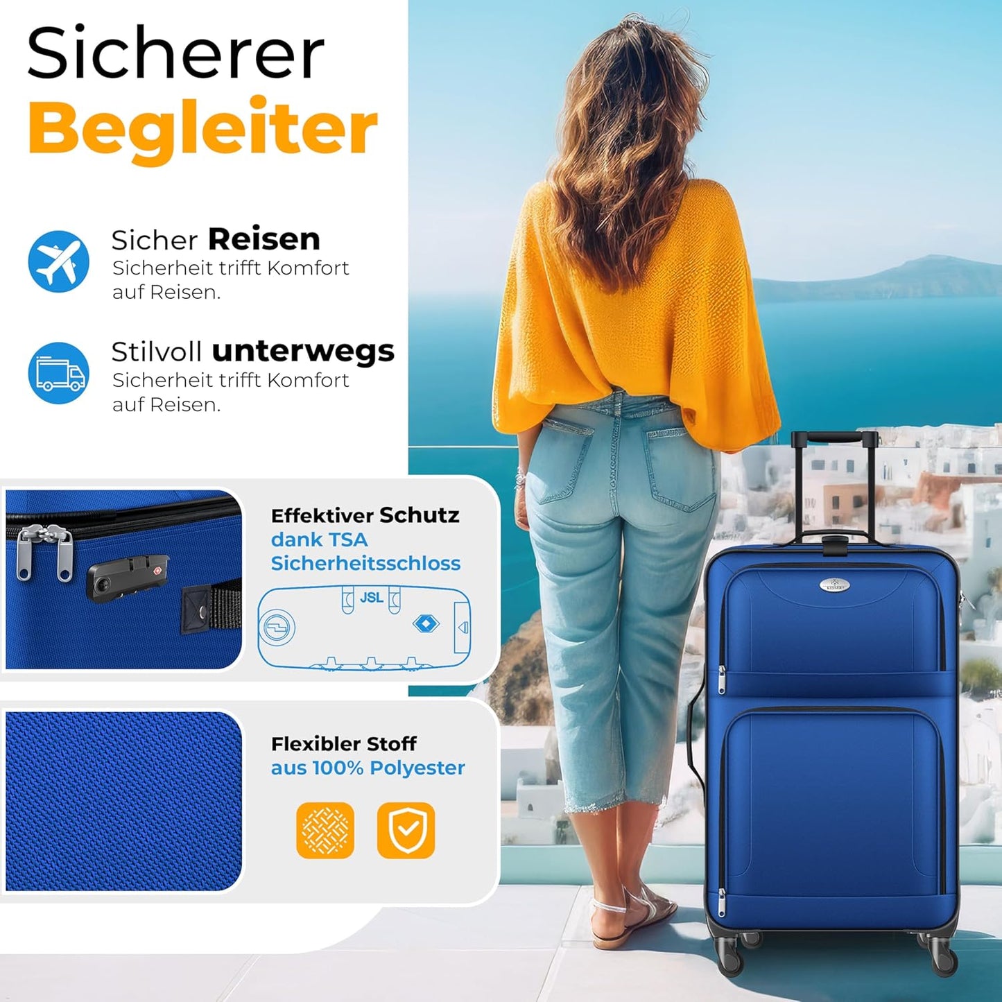 Reisekoffer Set mit TSA-Schloss und 360° Rollen (4-tlg), Blau