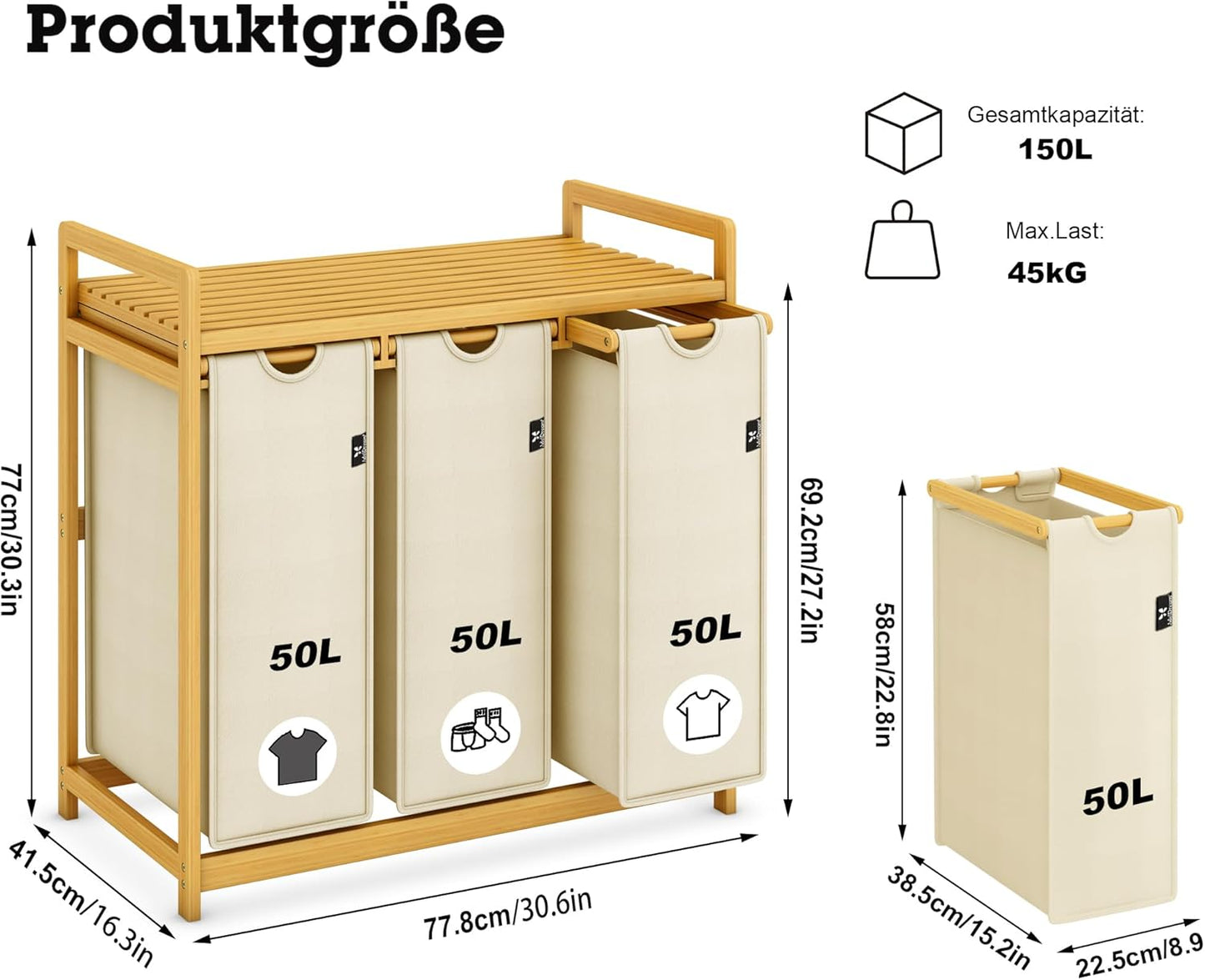 Wäschesortierer mit 3 abnehmbaren Fächern, Beige-6-18