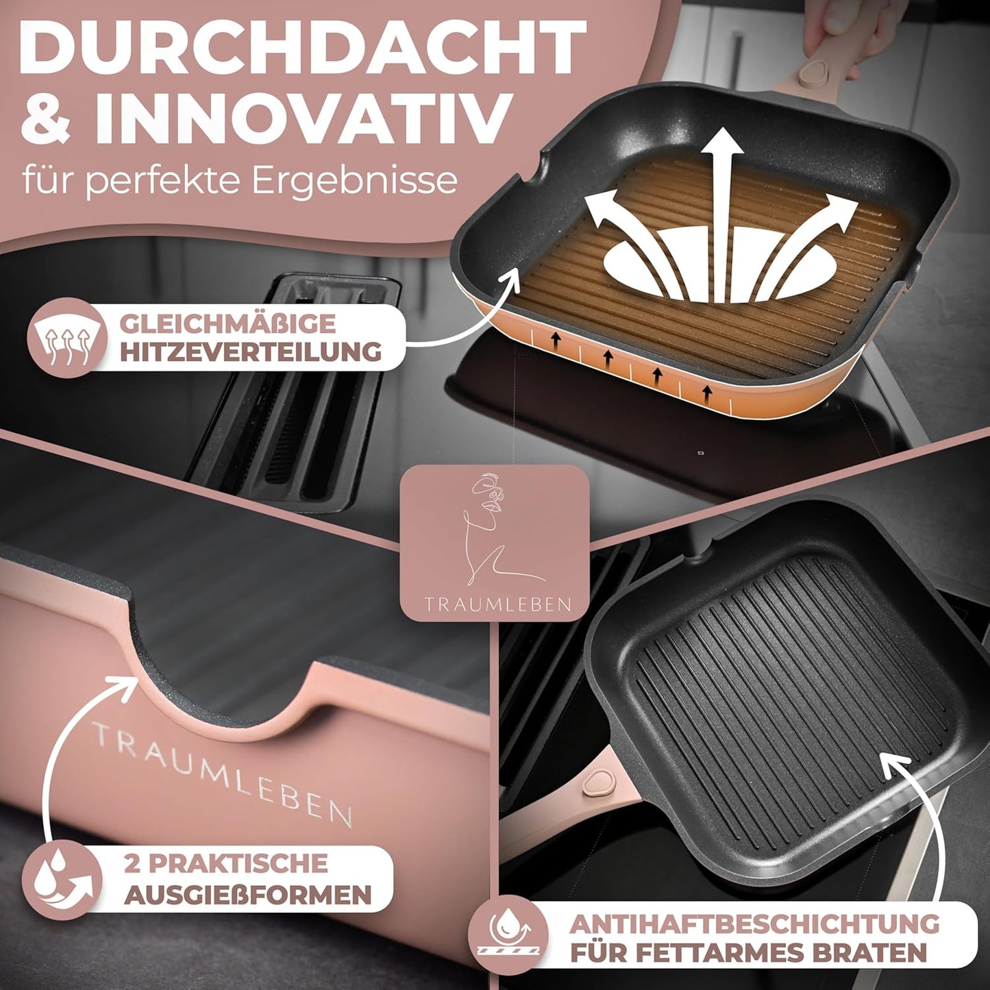 Grillpfanne mit abnehmbarem Griff, Rosa