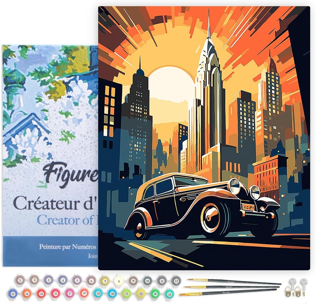 Malen nach Zahlen Set Art-Deco-Auto, Art-Deco-Auto in New York 40x50cm Mit Rahmen (bereits gespannt)