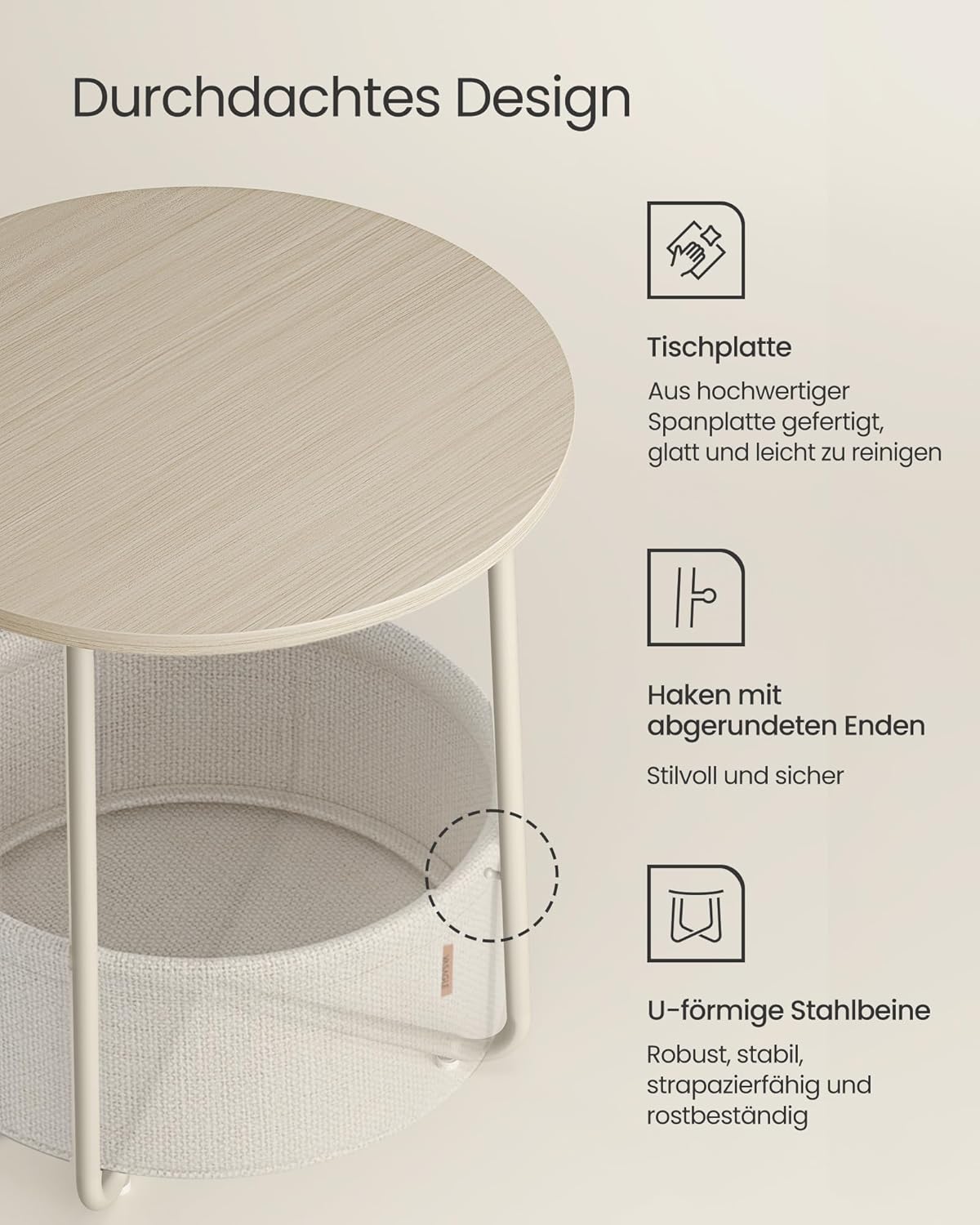 Runder Beistelltisch Smarty mit Stoffkorb und Stauraum, Cremeweiss