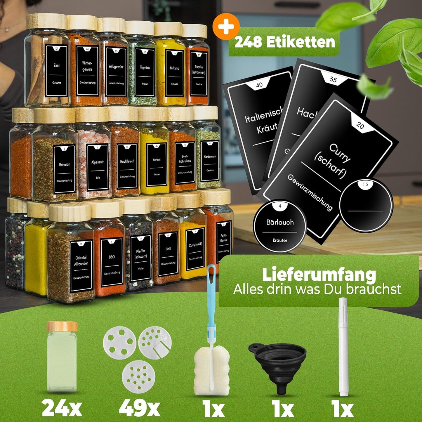 Eckige Gewürzgläser mit Etiketten, 24er Set - Bambus