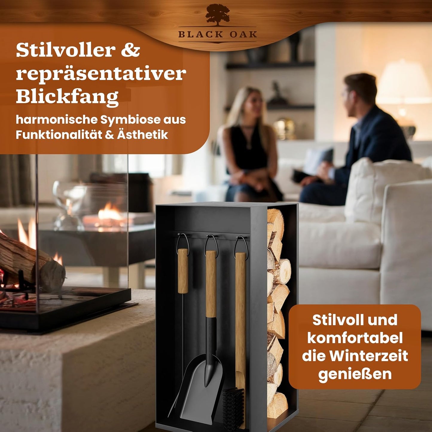 4-teiliges Kaminbesteck-Set Aspen mit Holzfach, Aspen 4-teilig Schwarz
