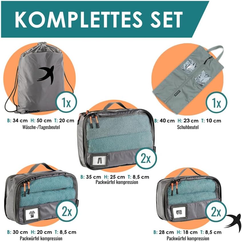 8-teiliges Kompressions-Packwürfel-Set, Grau 8-teiliges Set