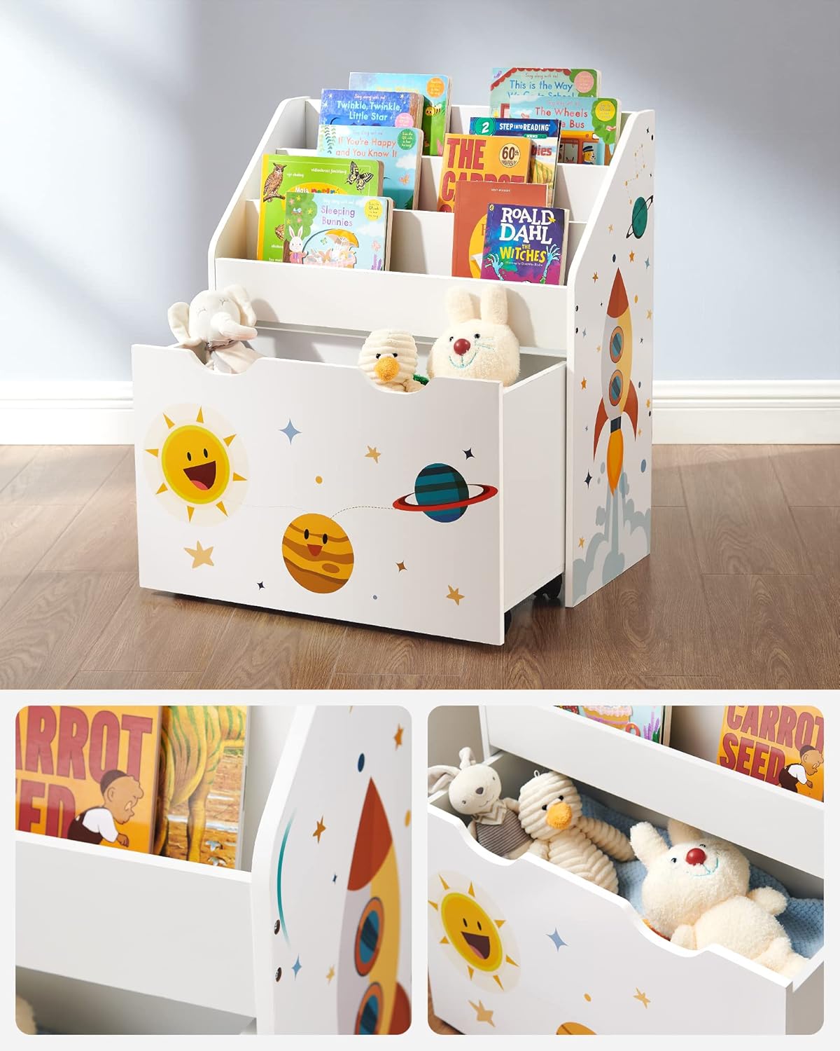 Kinderregal Kiddy auf Rollen, Weiss + Weltraum-motiv