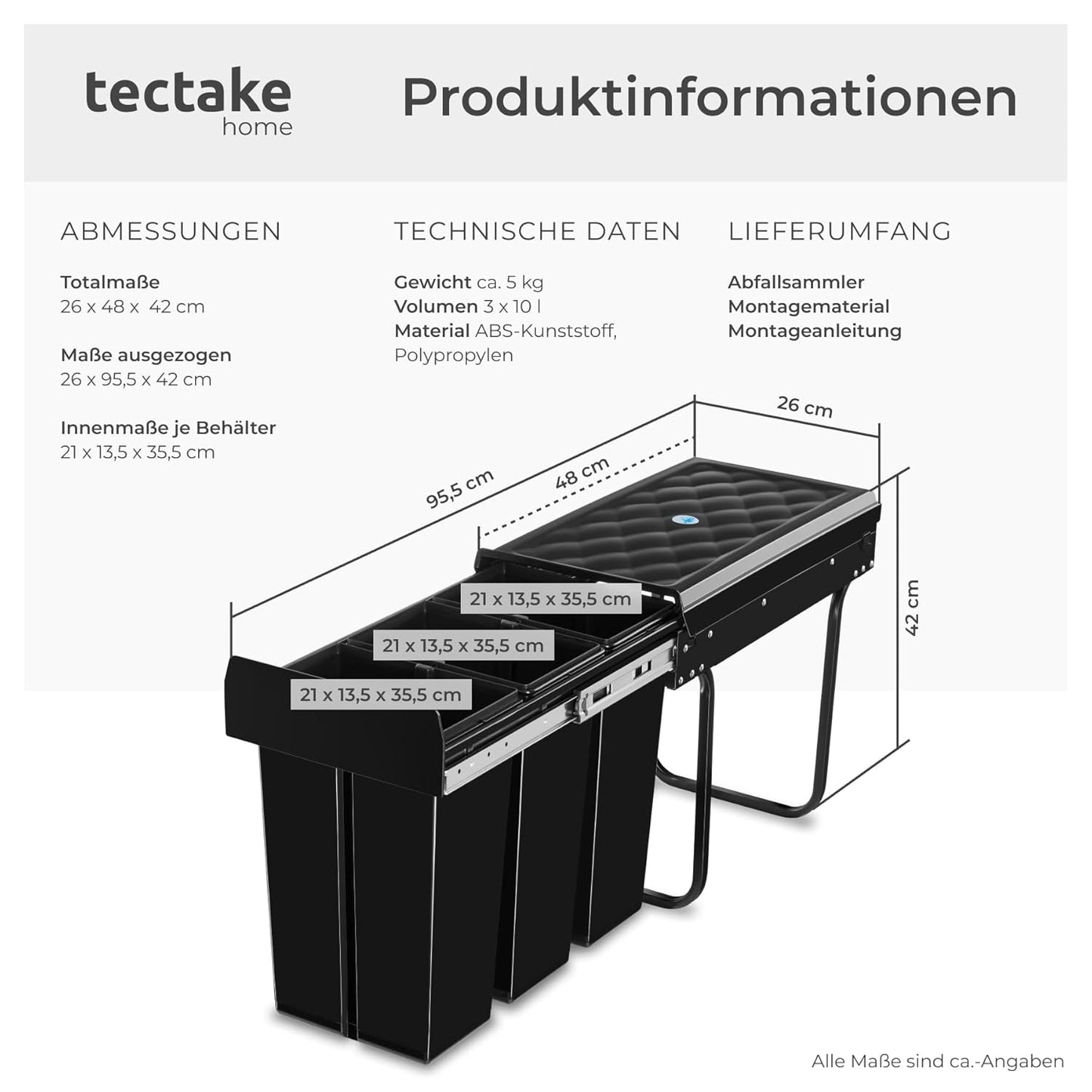 Ausziehbares Mülltrennsystem für Schrank (3x10L), 3x 10L