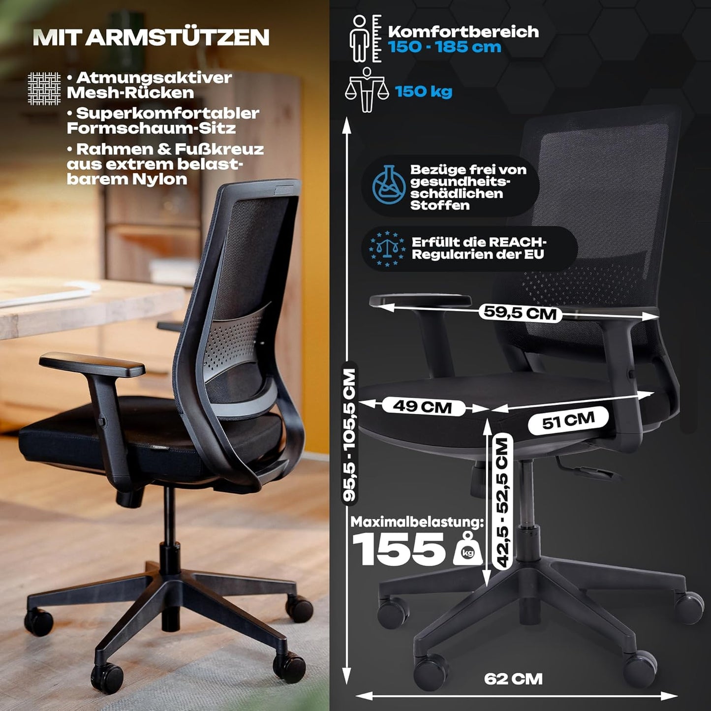 Ergonomischer Bürostuhl M2, M2 Armstütze (Schwarz)