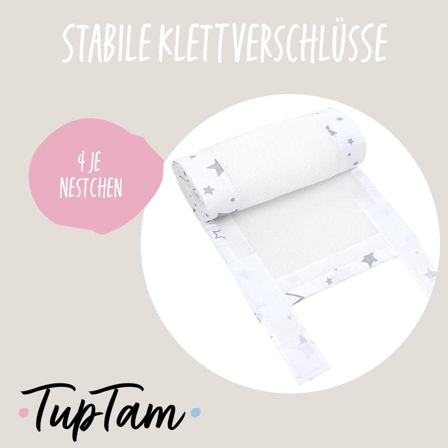 Bettumrandung Nestchen, ca. 128 x 30 cm (für Babybett 140x70) Grosse Sterne Grau/Weiss