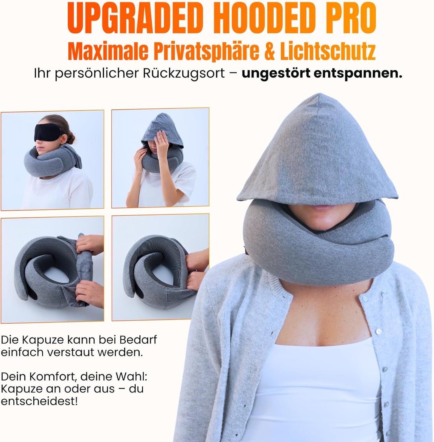 Reisekissen mit Kapuze aus Memory-Schaum, Hellgrau Hooded Pro
