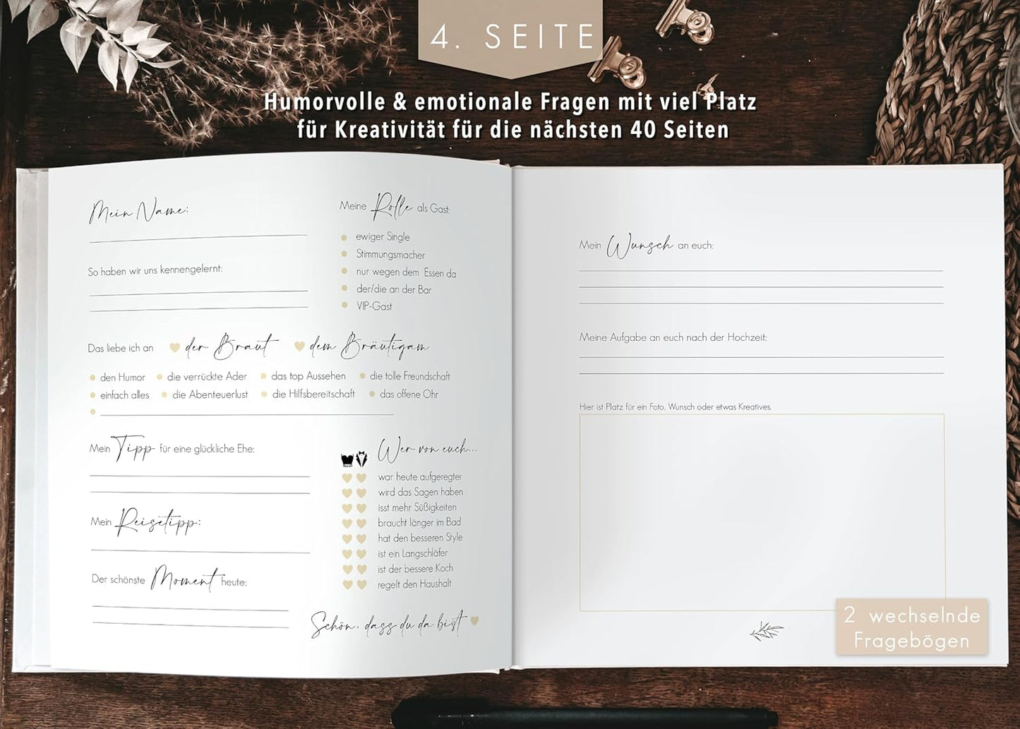 Hochzeit-Gästebuch mit Fragen zum Ausfüllen, mit Fragen Wildflowers/Gold