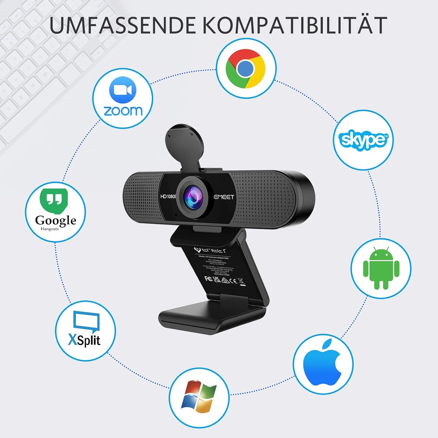 Full HD Webcam mit Dual Mikrofon und Lichtkorrektur, Schwarz