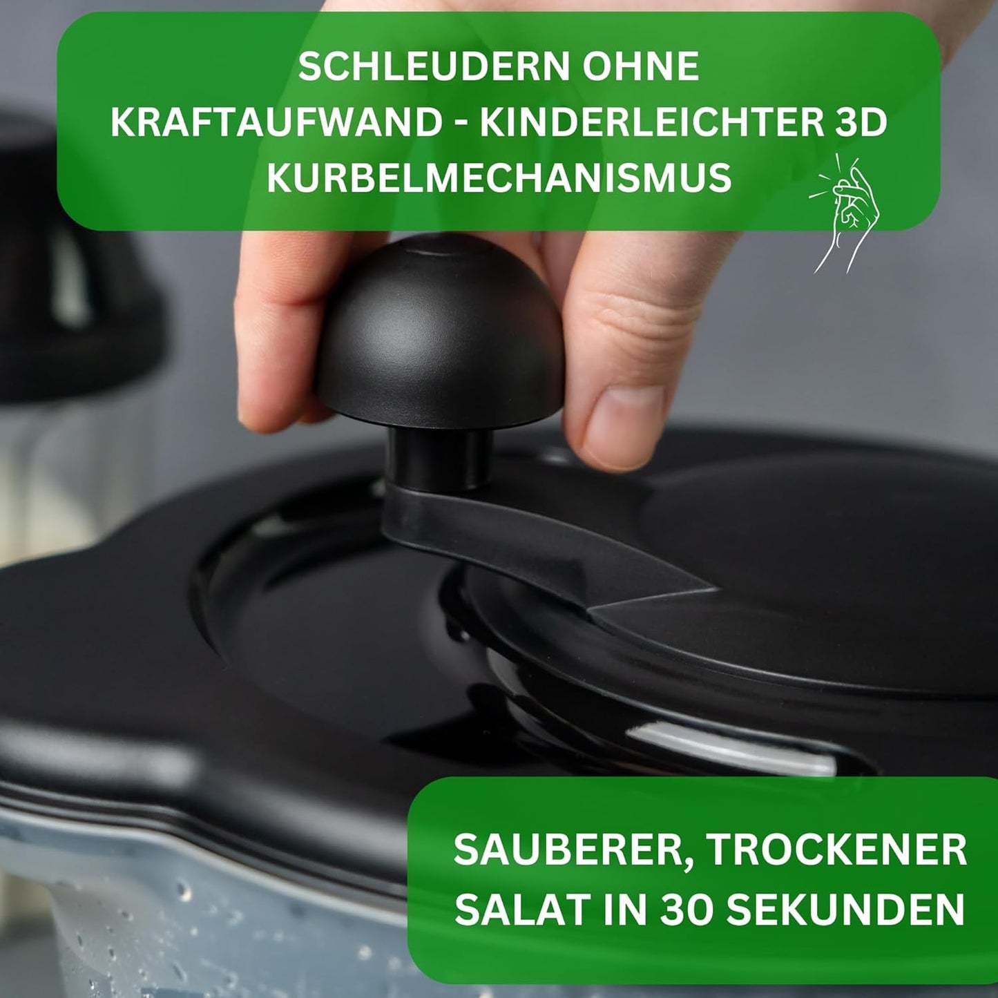 Salatschleuder mit 3D Kurbel, Salatschleuder Schwarz 4,5L Volumen
