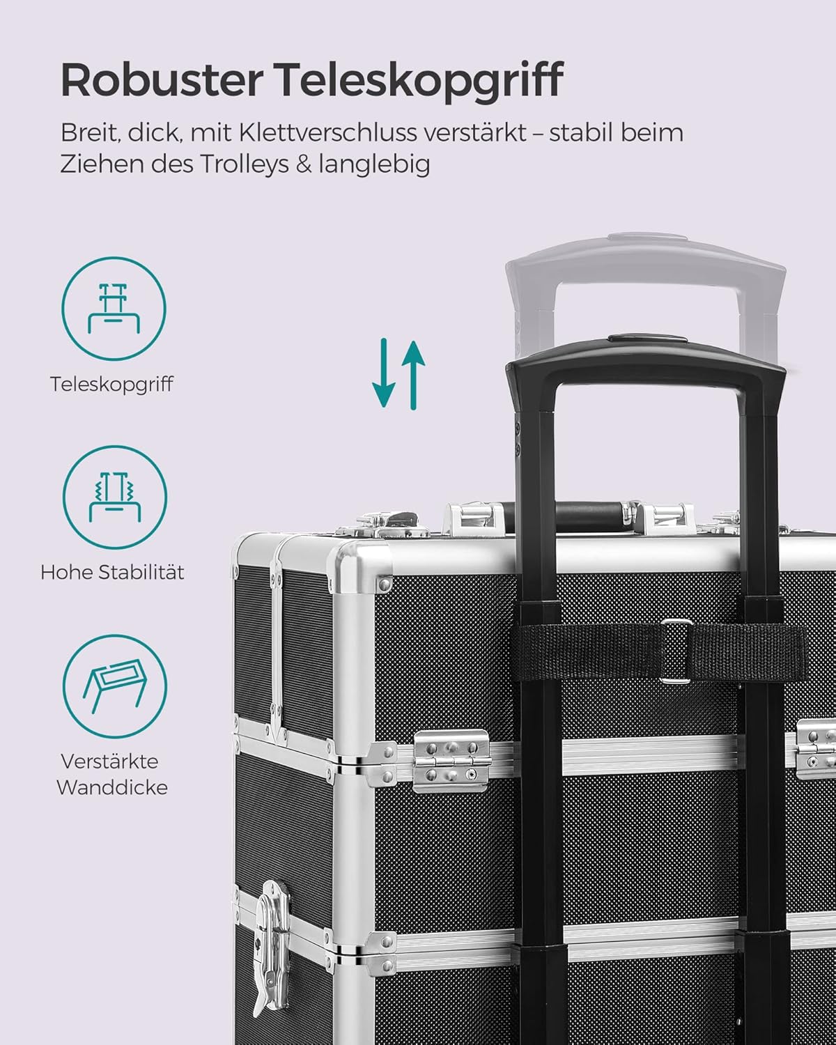 4-in-1 Schminkkoffer, abschliessbar mit Rollen, Schwarz 35 x 25 x 79 cm