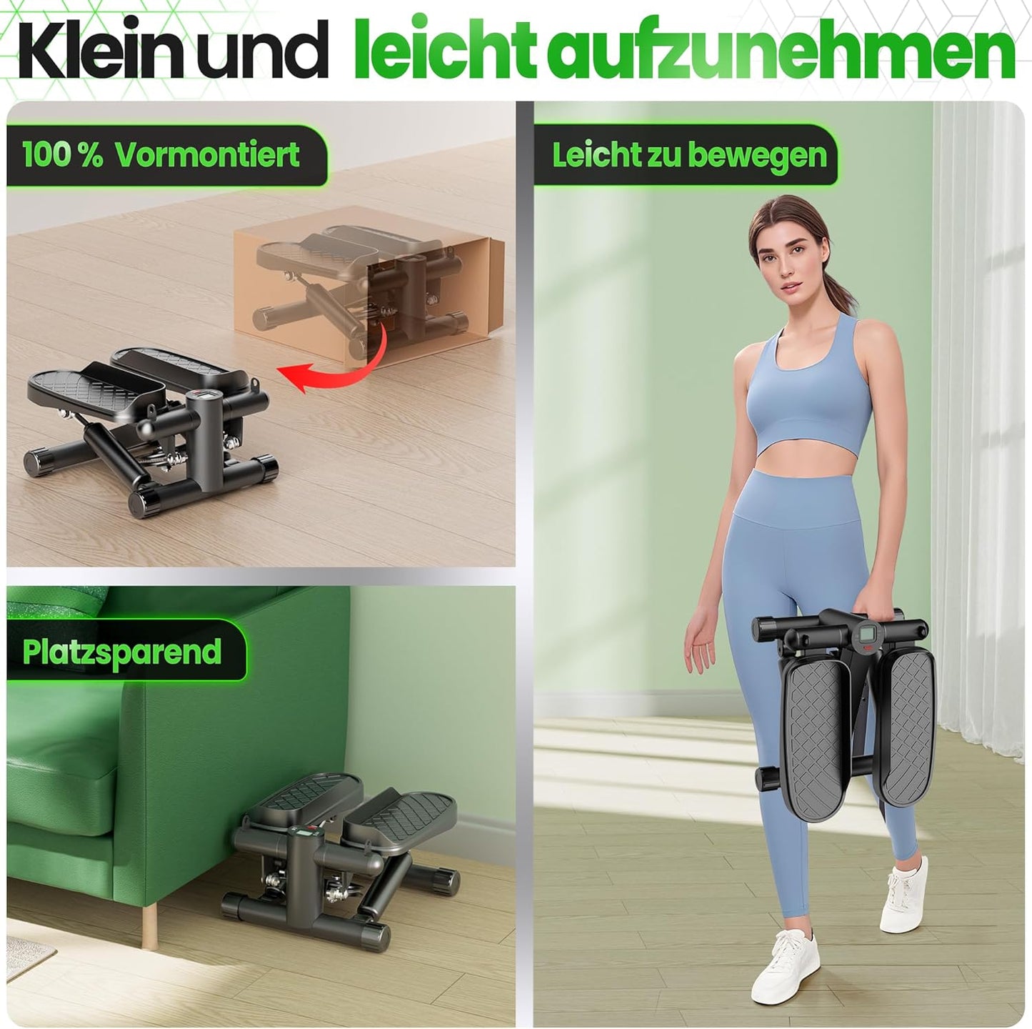 2-in-1 Mini Stepper mit Power Ropes und Display, Mini-Auf-/Ab-Schrittmotor