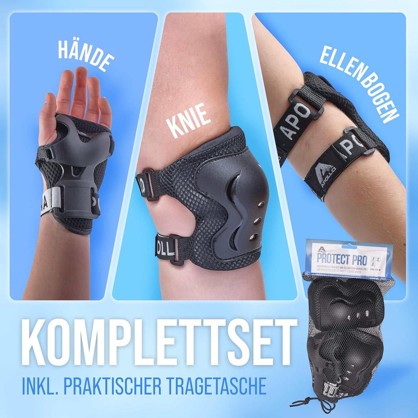 Protektorenset für Kinder, M-6 bis 9 Jahre Schwarz/Schwarz