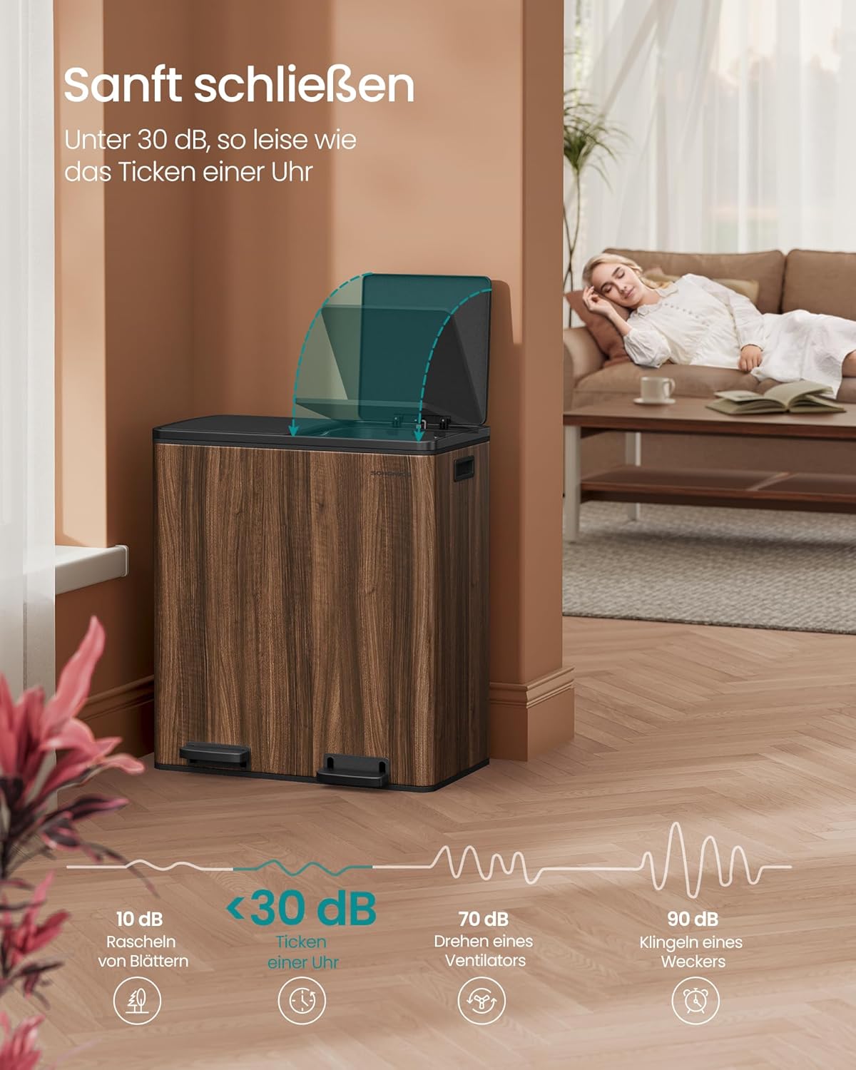Mülltrennsystem Treteimer LTB060N02, 2 x 30 L, mit Softclose, dunkelwalnussfarben, 2 x 30 L