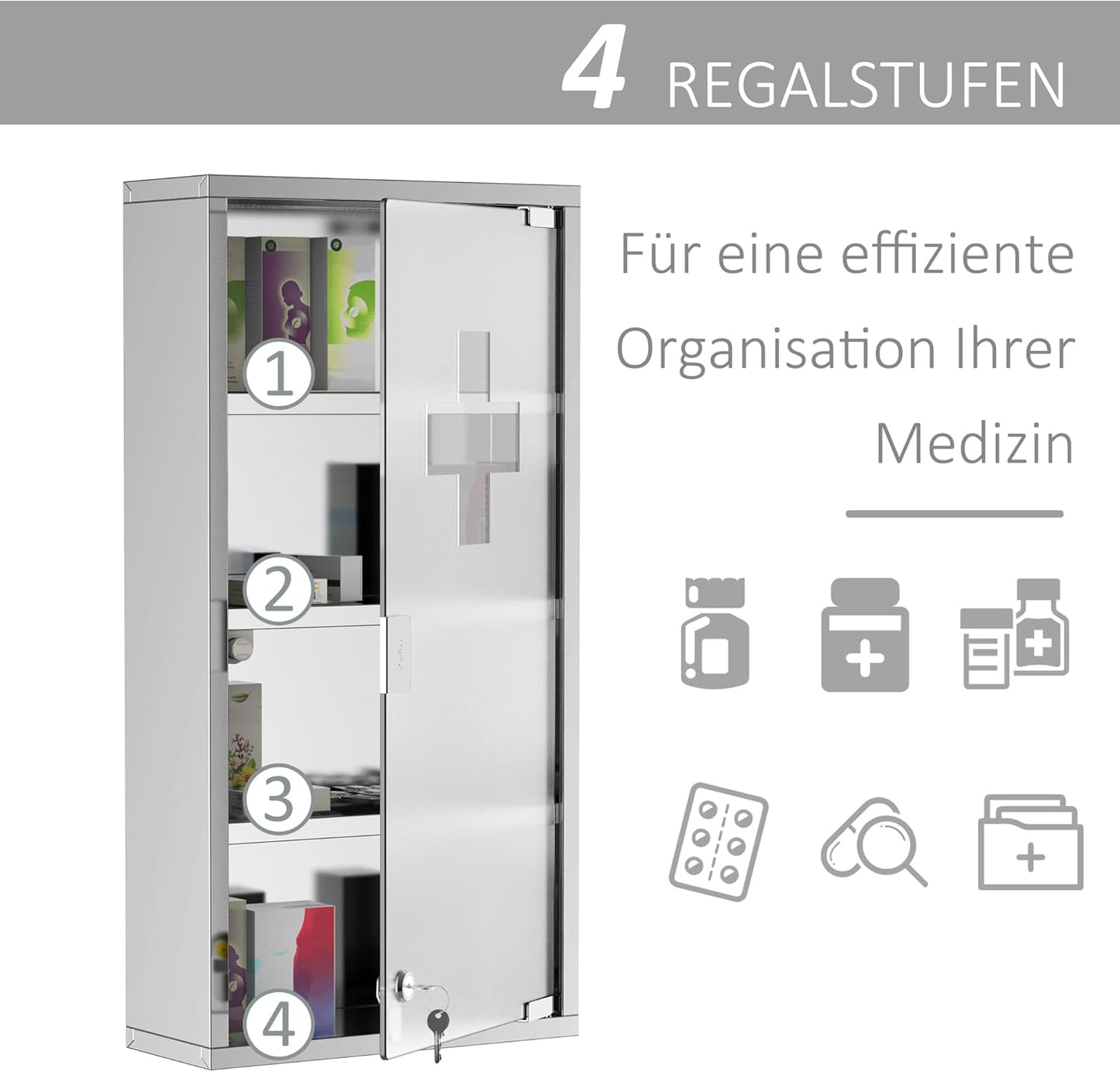Abschliessbarer Medizinschrank mit 4 Fächern, Silber B30 x T12 x H60 cm