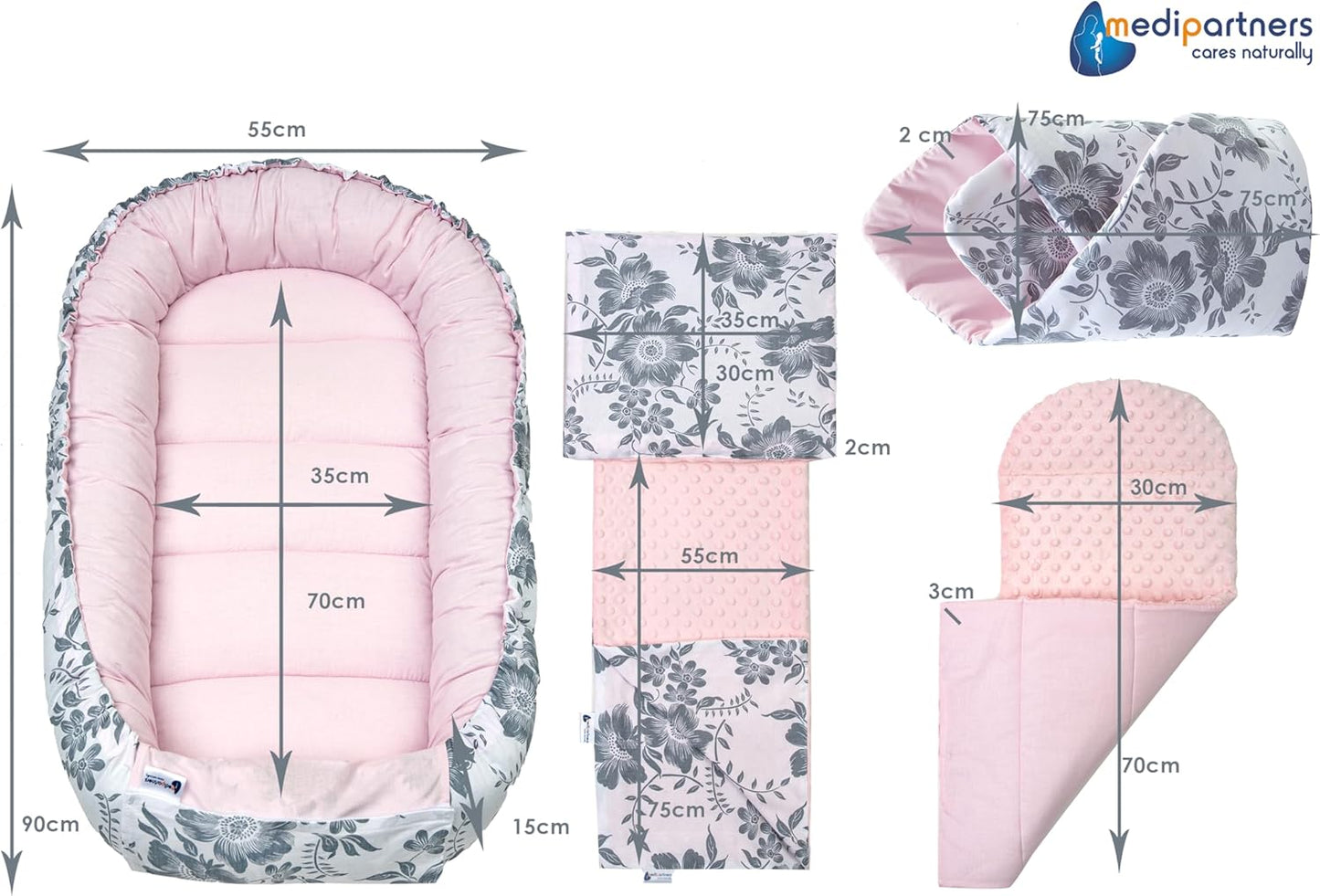 5-teiliges Babynest Set Berry, Berry mit Rosa Minky
