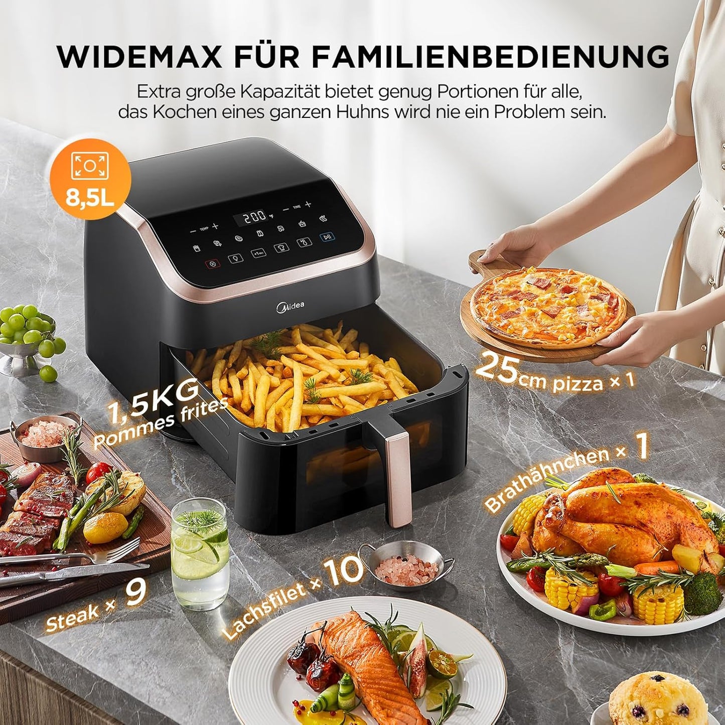 Heissluftfritteuse mit Sichtfenster, Schwarz/Roségold 8.5 L