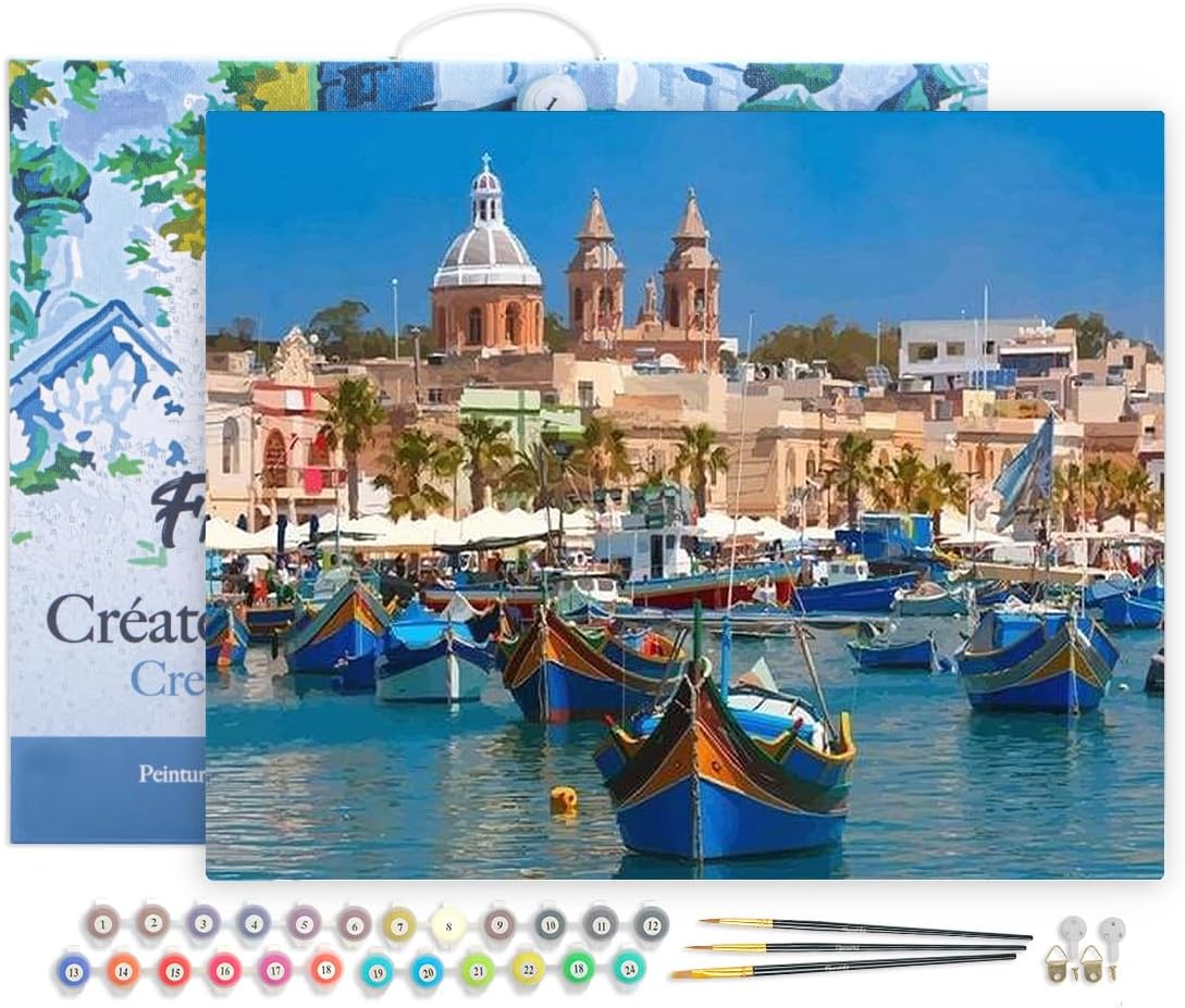Malen nach Zahlen Set Hafen in Malta, Hafen in Malta 40x50cm Mit Rahmen (bereits gespannt)