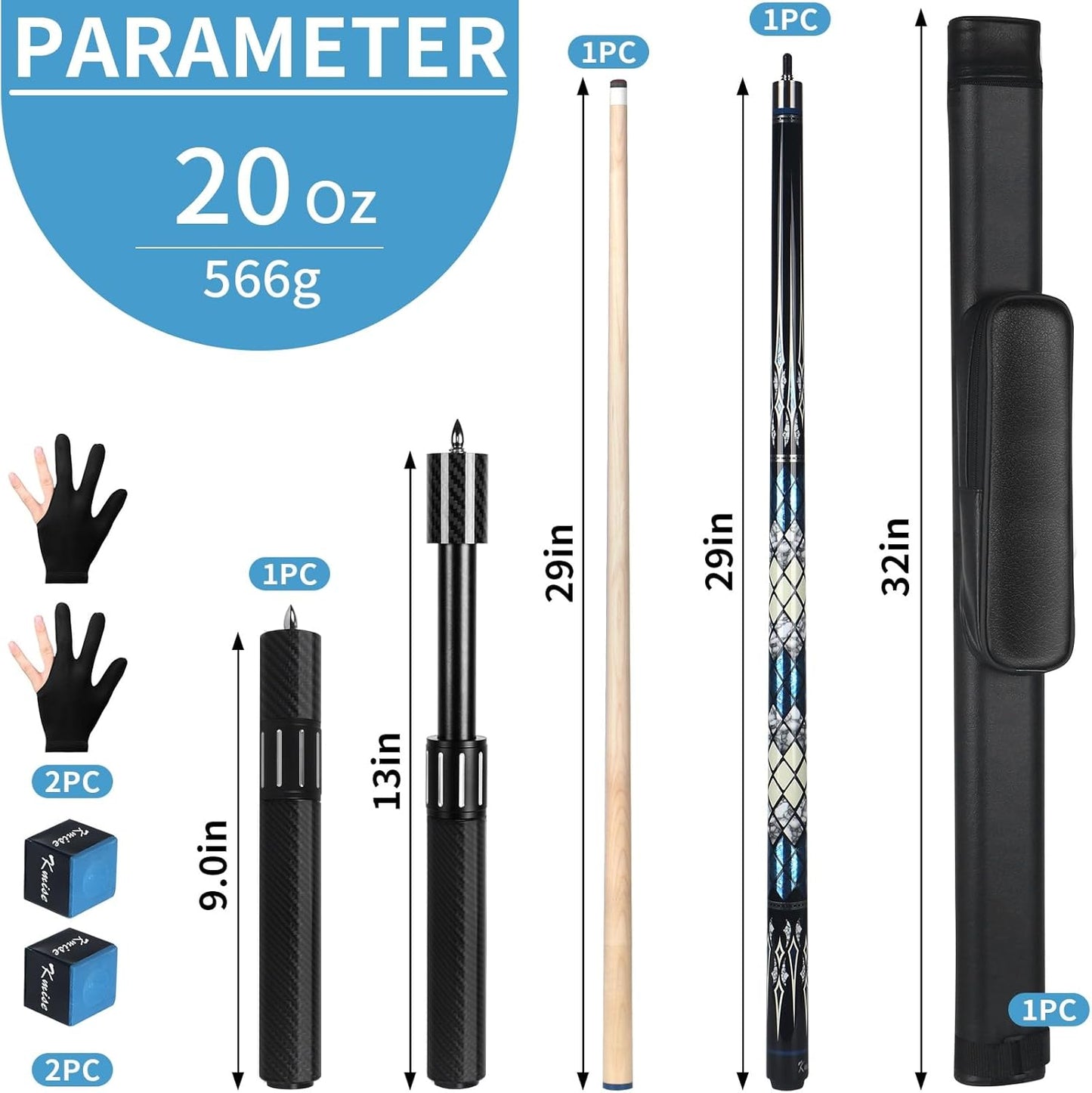 Pool-Queue-Stick Ahorn, 20 Unzen (566g) Blau