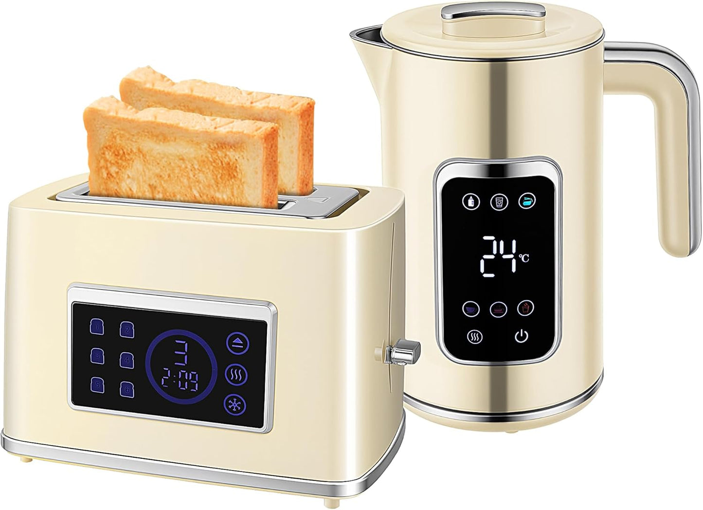 Wasserkocher-Toaster Frühstücksset mit LED-Touchscreen, Cremeweiß