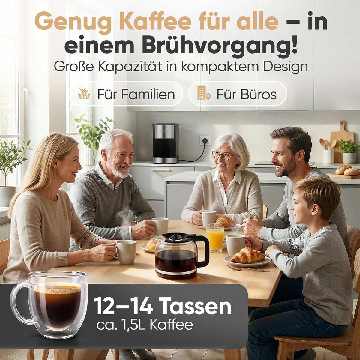 Filterkaffeemaschine mit Glaskanne, 12-14 Tassen