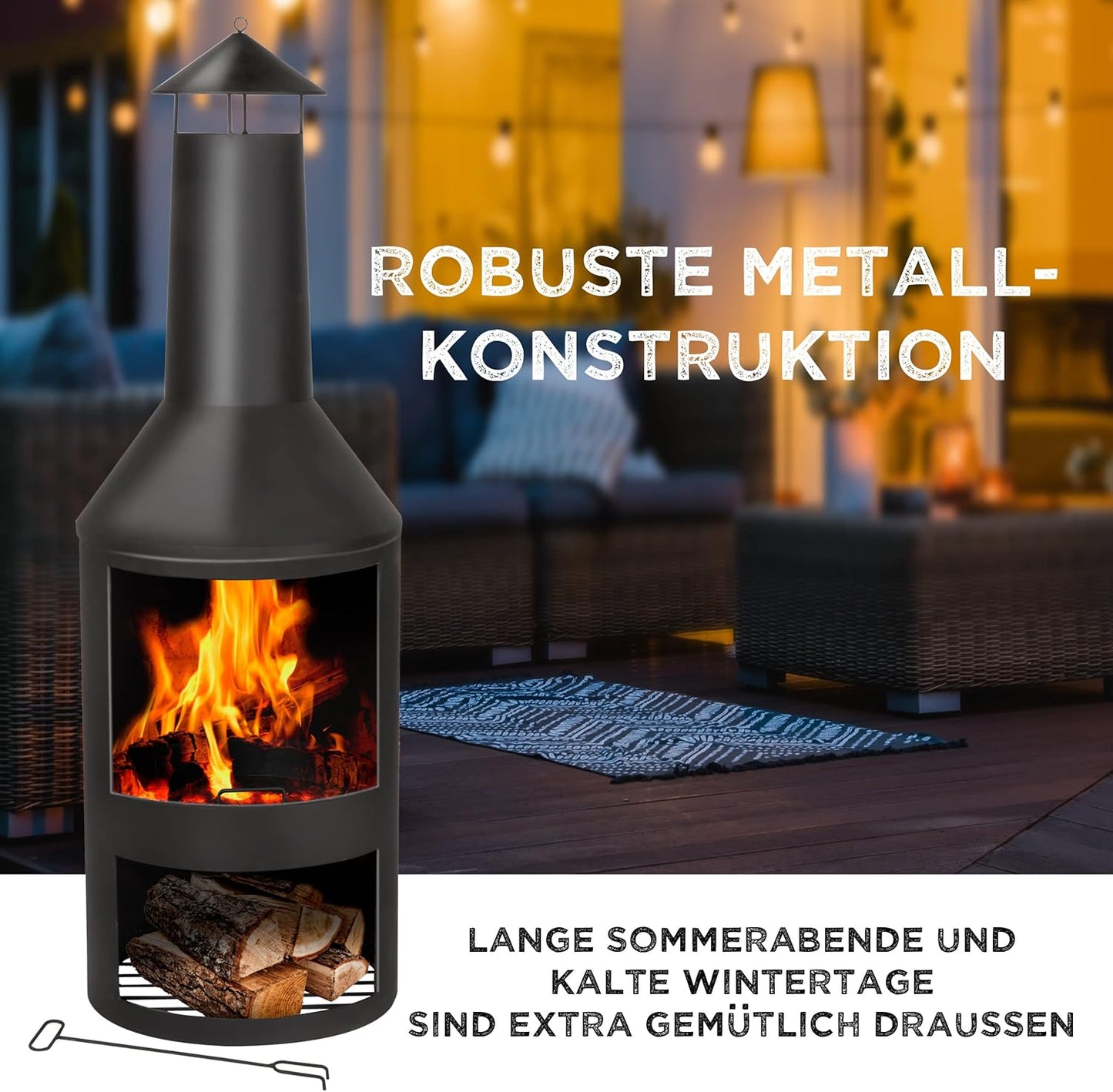 Terrassenofen mit Schornstein und Holzablage