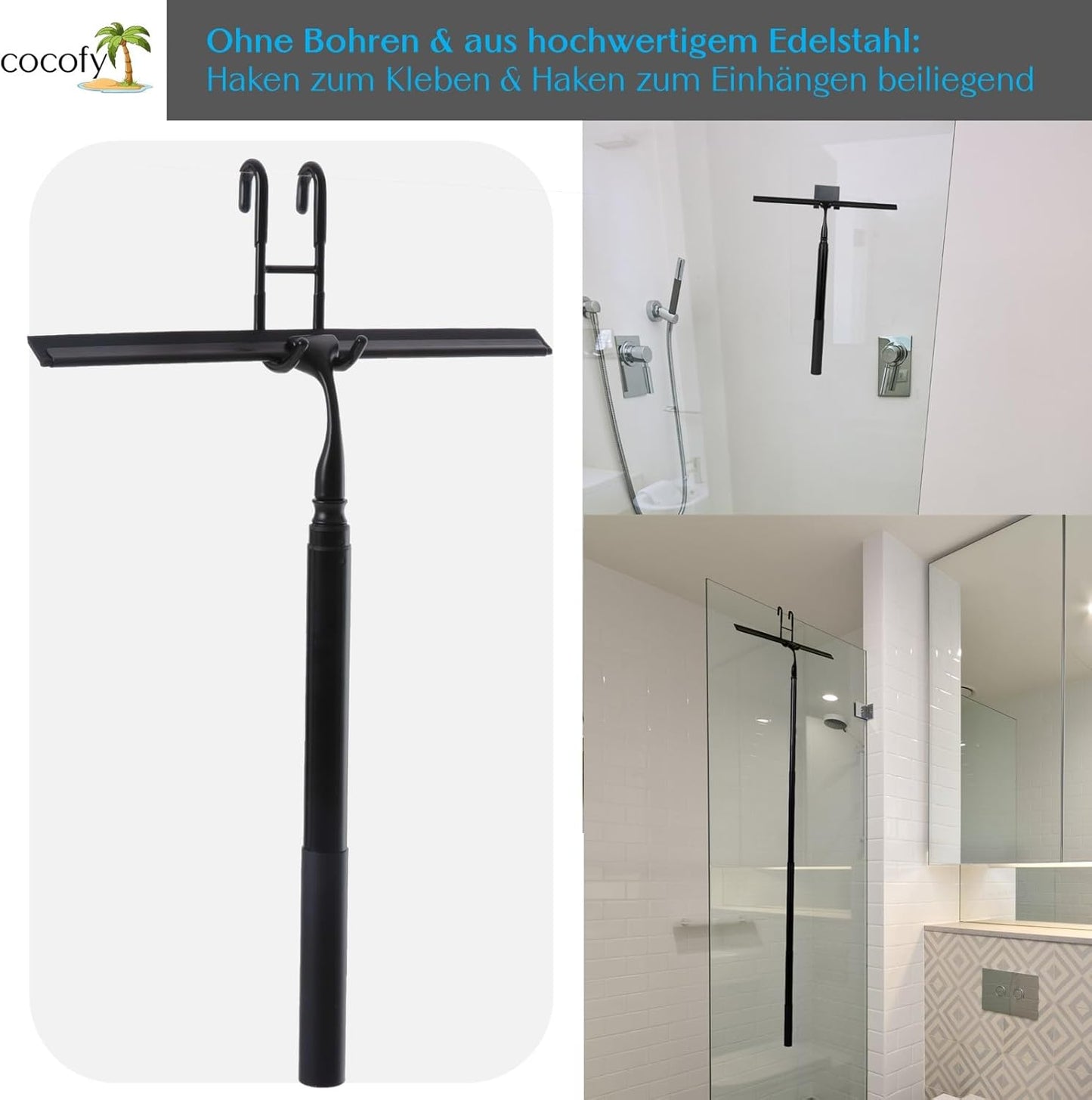 Duschabzieher mit Teleskopstiel, 35 cm breit - ohne Mikrofaserüberzieher Schwarz
