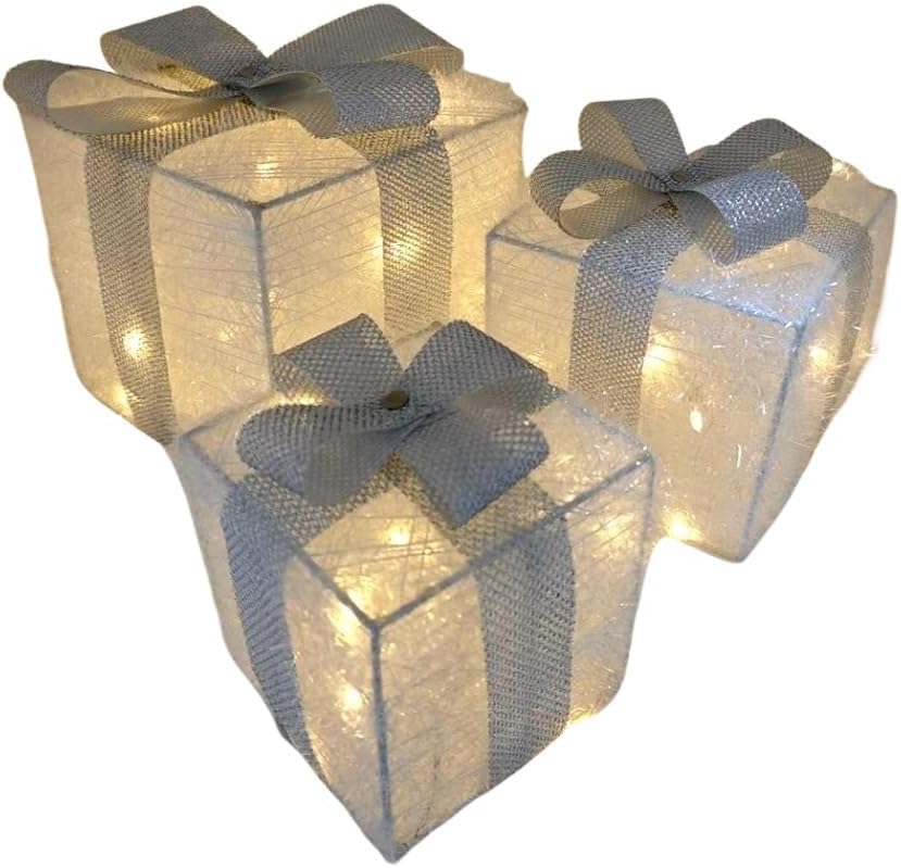 3er-Set LED Geschenkboxen mit Timer, Weiss-silber