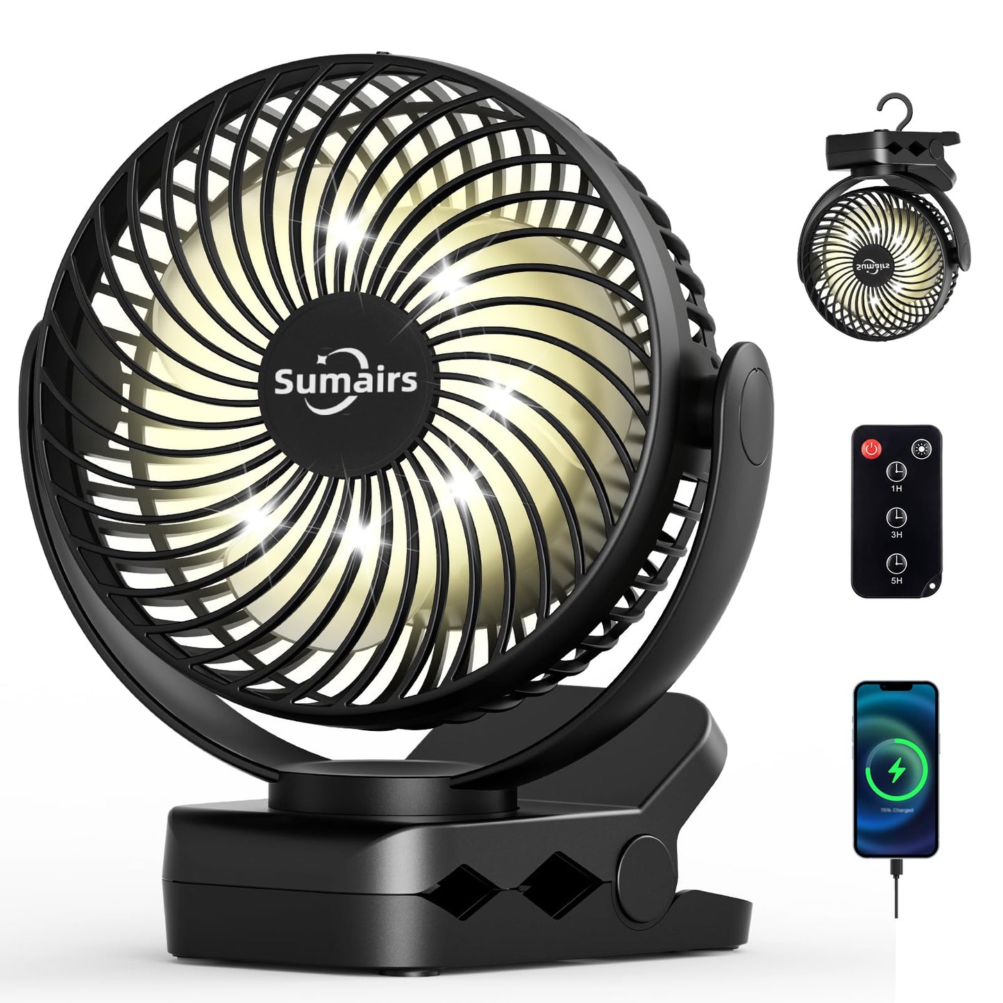 Tragbarer USB-Campingventilator mit Akku und Lampe, 14cm