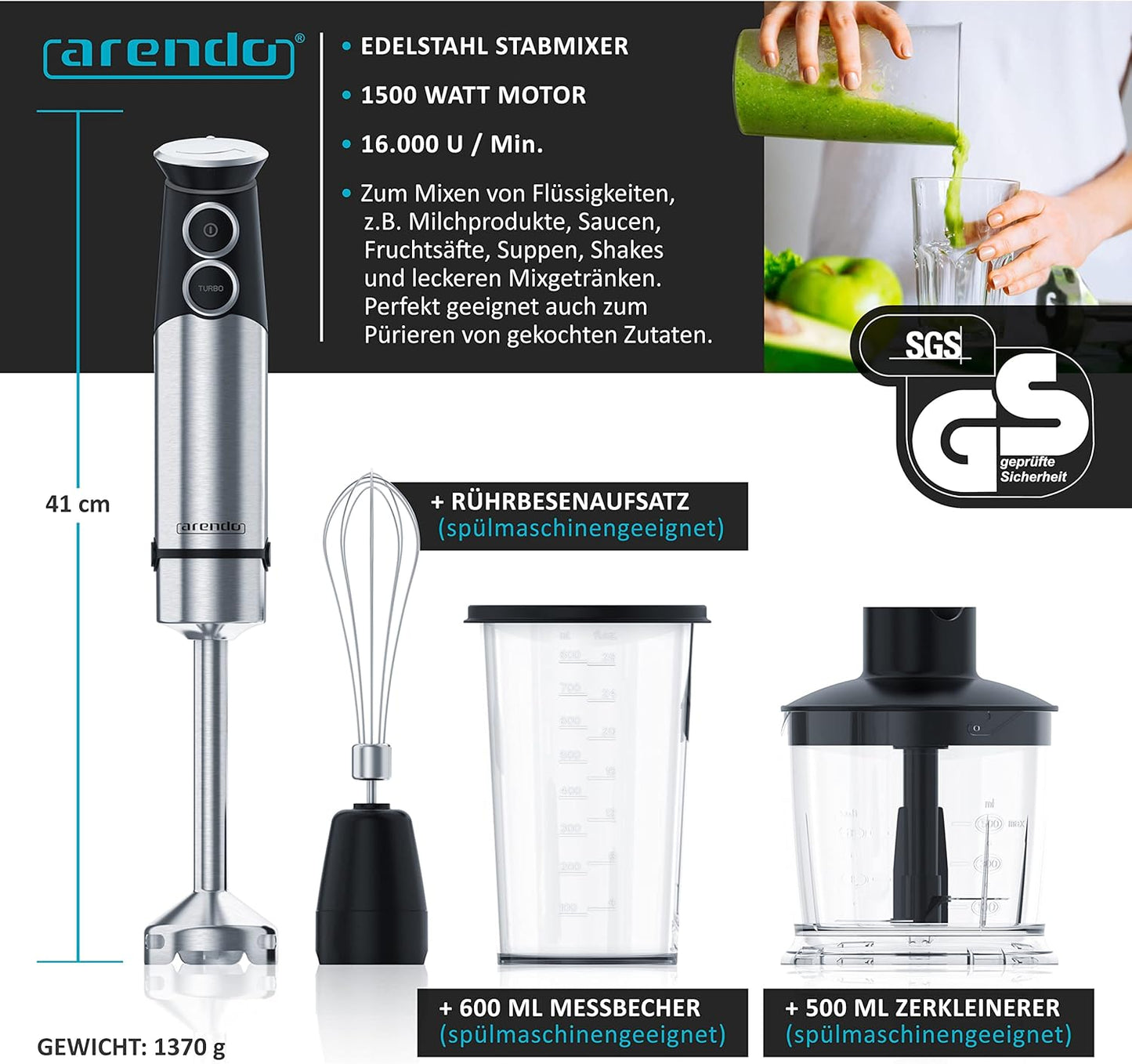 3-in-1 Stabmixer-Set mit Zubehör, A: 1500 Watt