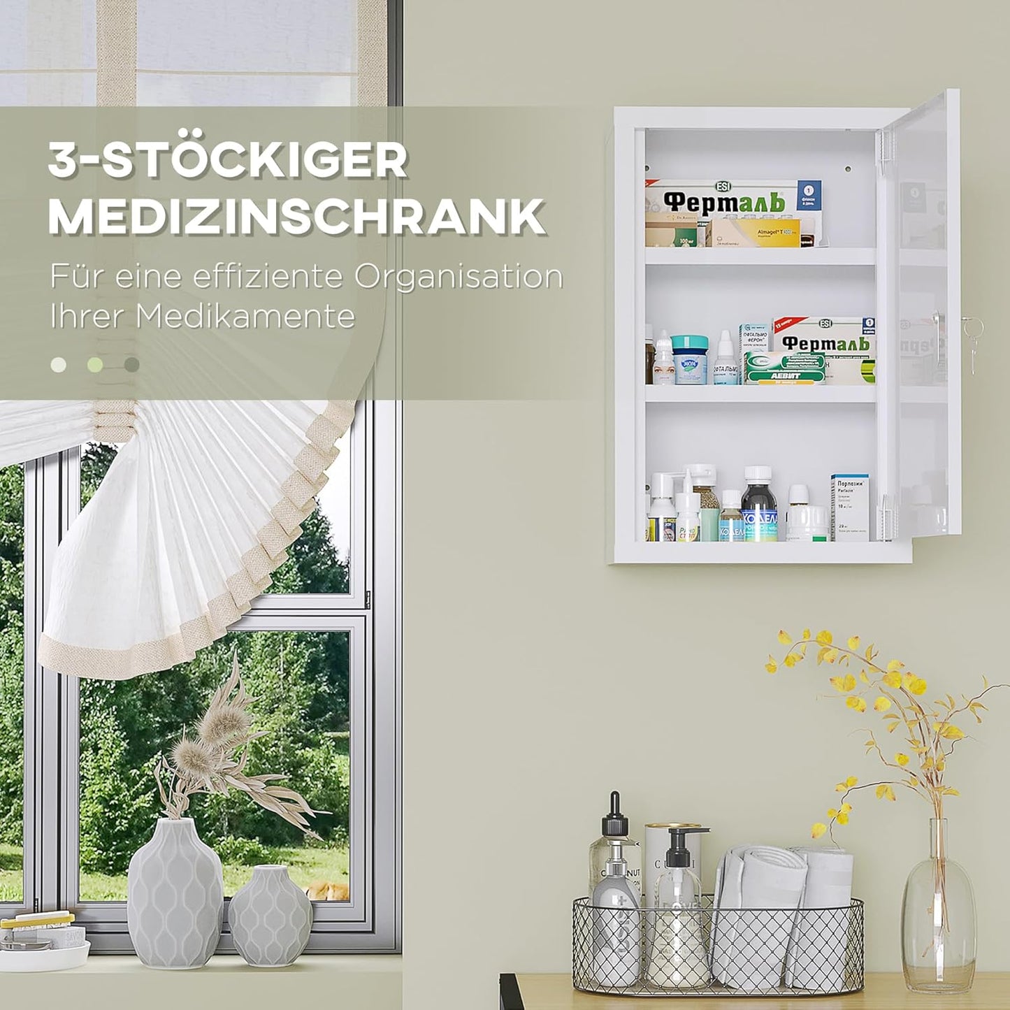 Medikamentenschrank mit 3 Fächern, 30L x 14B x 46H cm