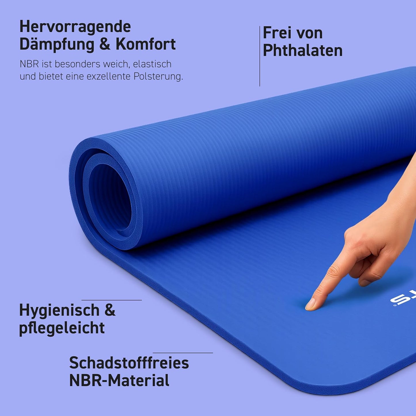 Gymnastikmatte mit Übungsposter und Workout App, Royalblau 190 x 100 x 1,5 cm