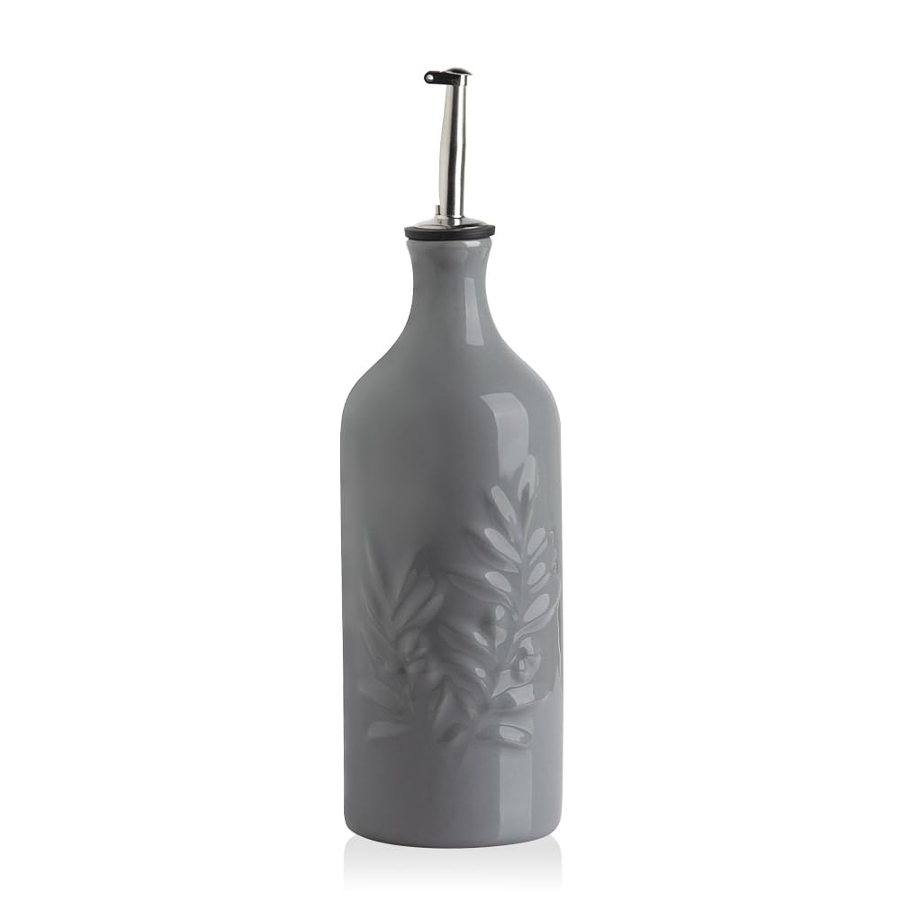Keramische Olivenölspenderflasche 570ml, Grau Olivenblatt-Relief, 570 ml