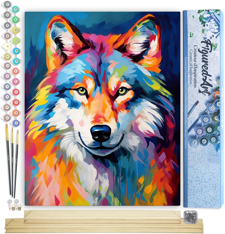 Malen nach Zahlen Set Wolf, Wolf Farbenfroh Abstrakt 40x50cm Mit Keilrahmen (nicht gespannt)