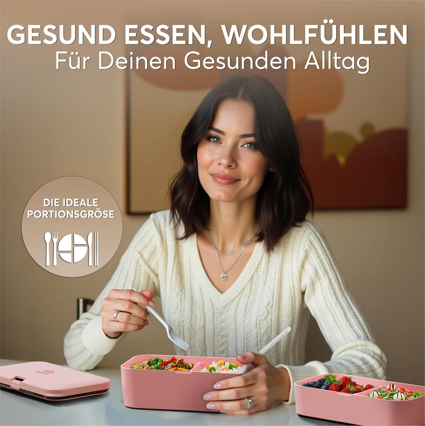 Auslaufsichere Bento Lunchbox mit Besteck & Fächern, Korallenrosa L - 1500 ml