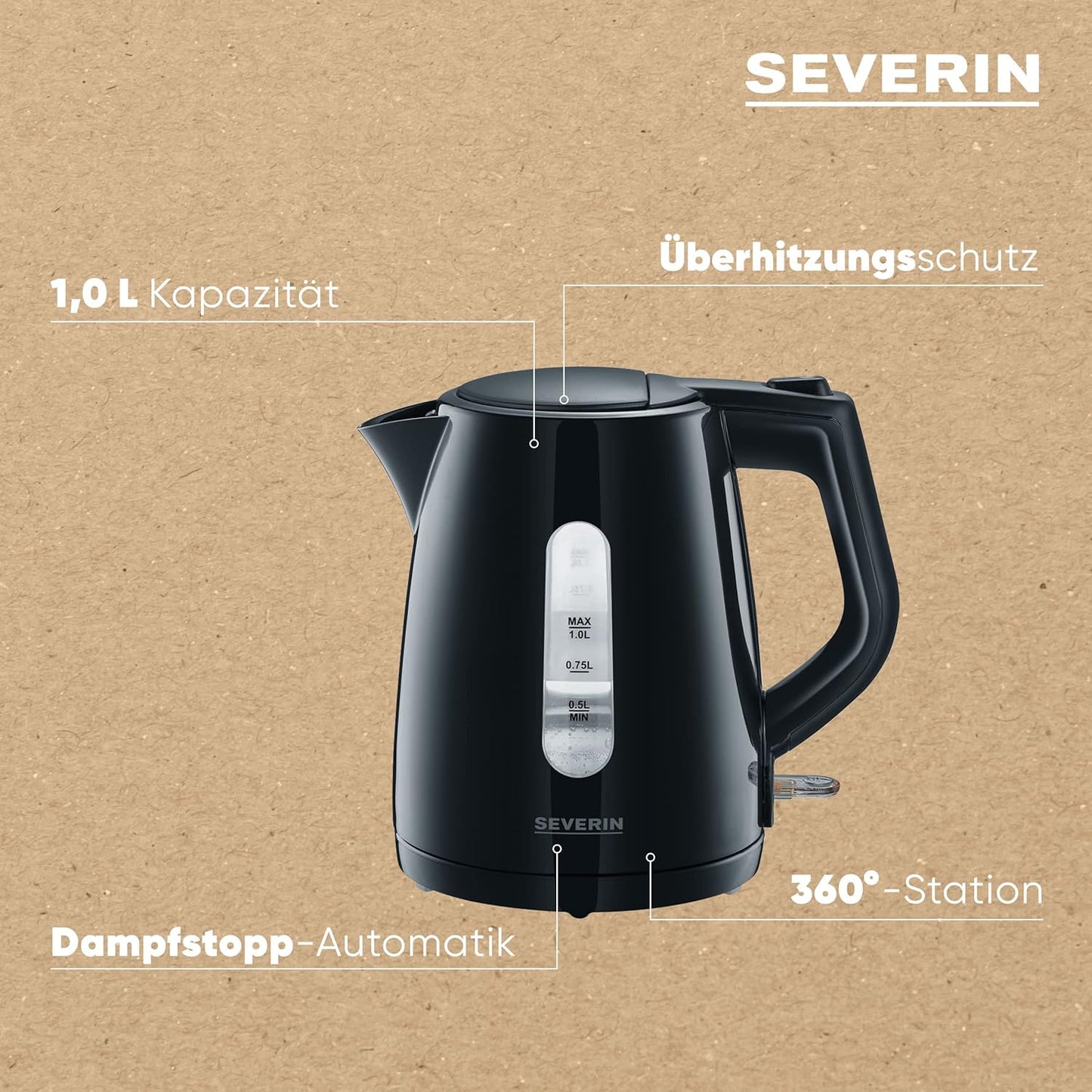 Wasserkocher mit Kalkfilter, 1L, 2200W, WK 3410, Schwarz