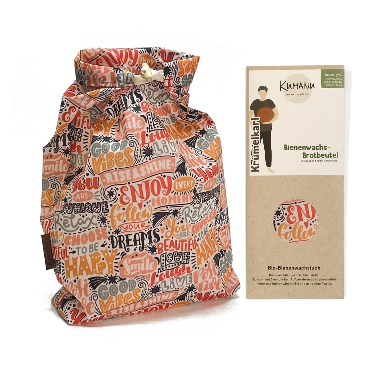 Bio-Bienenwachstuch Brotbeutel mit Standboden und Knebelverschluss, Happy