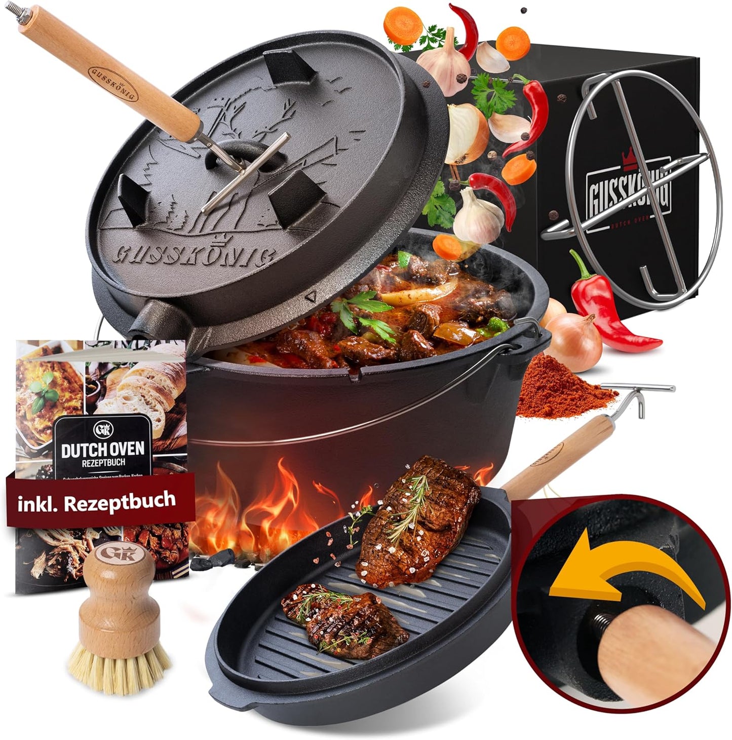 Dutch Oven Set, Topf ohne Fuss 9 Liter