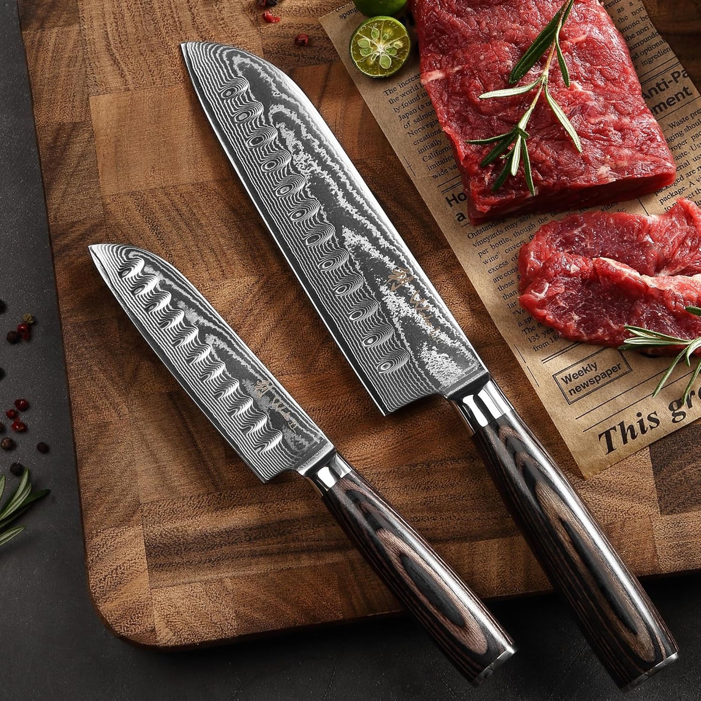2er Set Damast Santokumesser, Edib Essentials (Santoku Set)